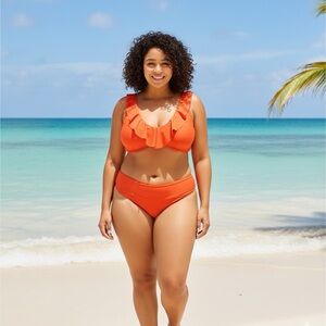 Nwt Time and Tru Women's Plus Size 3XL Ruffled Plunge Bikini top bottom orange